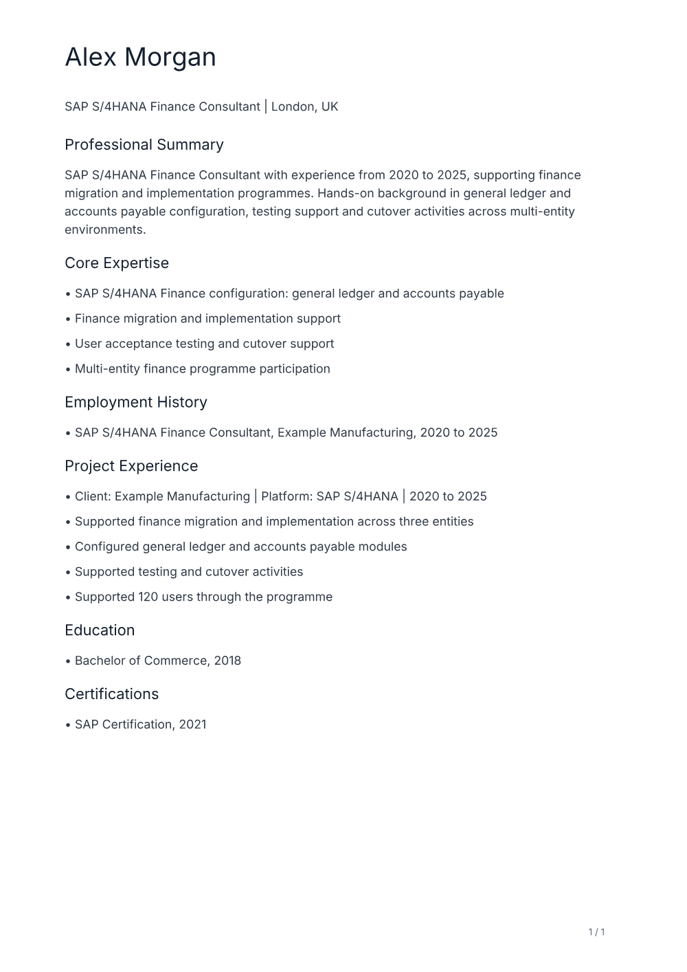 ERPCV Consultant CV sample